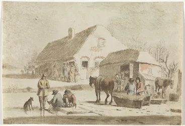 Schaatsenrijders en een slede bij een boerderij