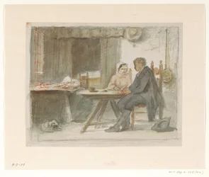 Schrijvende man en een vrouw aan een tafel
