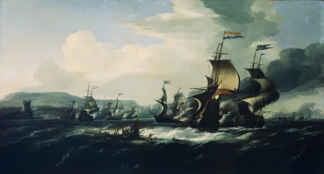 Een gevecht tussen de Nederlanders en Barbarijse piraten nabij de kust, laat 17e eeuw