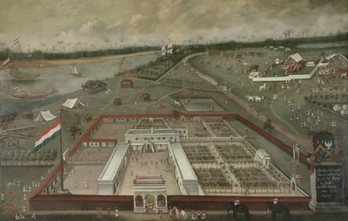 De handelspost van de Nederlandse Oost-Indische Compagnie naast de Ganges in Hooghly, Bengalen