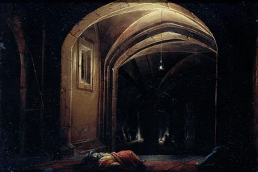 Slapende mannen in een kamer met verlichte bogen