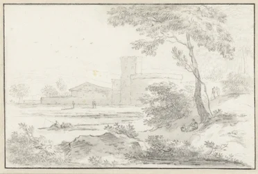 Italiaans landschap met versterkt gebouw op de achtergrond