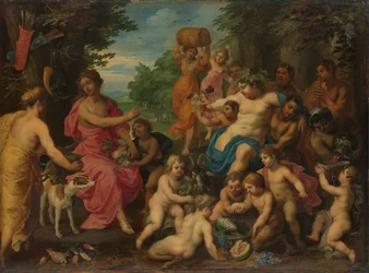 Diana krijgt wijn en fruit aangeboden door Bacchus en zijn gevolg