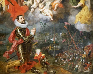 Don Alvaro de Bazan dankt na overwinning op Turken in 1580