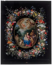 De Heilige Familie en de jonge Sint Johannes de Doper en engelen in een landschap