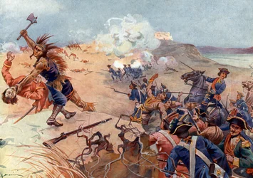 Zevenjarige Oorlog, Oorlog van de Conquete (1754-1763): de Slag bij Fort Carillon op 8/07/1758 tussen Franse en Britse troepen, geallieerd met de Mohawks bij Ticonderoga, ten zuiden van Lake Champlain (New York)