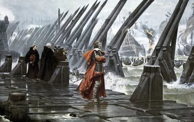 Kardinaal Richelieu op de zeewering bij La Rochelle