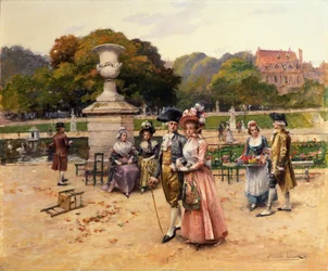 Elegante figuren flaneren in een park (olieverf op paneel)