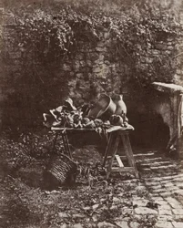 Stilleven: pot, kruik en groenten op een zaagboktafel, ca. 1852 (foto)