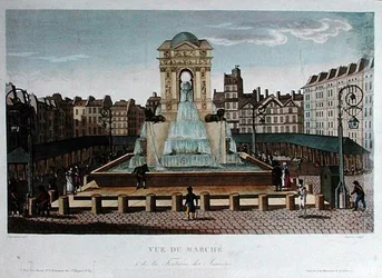 Zicht op de Marche des Innocents, gegraveerd door Eugene Dubois, ca. 1815-20 (gekleurde gravure)