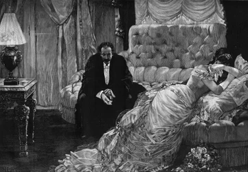 Terugkeer van het bal: een jaloeziescène tussen een huilende vrouw en een man die nerveus zijn handschoenen uittrekt. Gravure naar het schilderij van Henri Gervex (1852-1929). In 