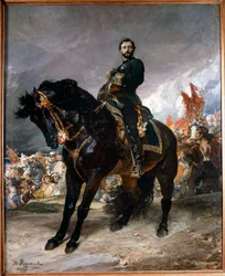 Revolutie van september: Generaal Juan Prim (1843-1871) rijdt voor Madrid, aan het hoofd van de opstandelingen van de Spaanse Revolutie op 8 oktober