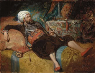 Een liggende Turk die een waterpijp rookt, 1844