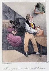 Man die vogels kweekt terwijl zijn vrouw hem bedriegt: "Iedereen neemt zijn plezier of hij vindt het" - in "Les pastemps" door Henry Monnier, ed. Delpech, Parijs, ca. 1830