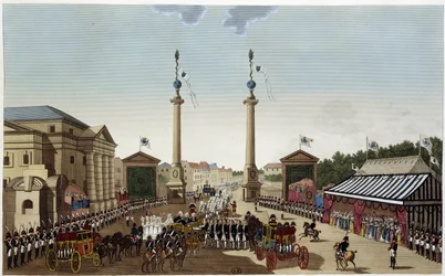 De Saint-Denis barrière bij de overdracht van sleutels aan Louis XVIII op 3 mei 1814 - in “Vues de Paris” door Courvoisier 1827