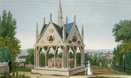 Het graf van Heloise en Abelard op de Père Lachaise begraafplaats, 1815-20 (kleurgravure)