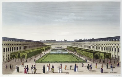 Uitzicht op de Tuinen van het Palais Royal, gezien vanaf de Galeries de Bois, gegraveerd door Aubert Fils, c.1815-20