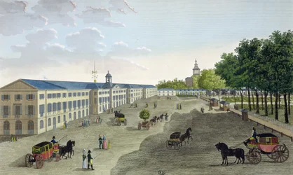 Uitzicht op de Nieuwe Galerij van het Natuurhistorisch Museum in Jardin des Plantes in Parijs, gegraveerd door Claude Fortier (1775-1835)