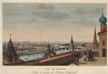 Uitzicht op Moskou vanaf het balkon van het keizerlijk paleis, Rusland, gravure van Henri Courvoisier-Voisin (1812)