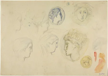 Schetsen: Profielhoofden, munten of medailles (recto); bomen (verso)