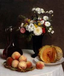 Stilleven met karaf wijn, bloemen en fruit
