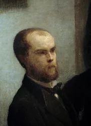 Hoek van de tafel, detail. Portret van de dichter Paul Verlaine