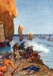Kolonisatie van Tonkin: De Franse admiraal Amédée Courbet leidt zijn vloot in Along Bay (Ha Long) in augustus 1883, Vietnam