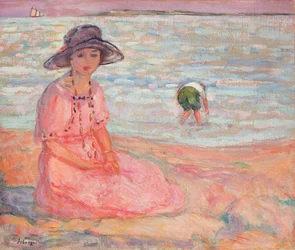 Vrouw in de roze jurk aan zee, ca. 1920