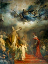 Paus Leo III kroont Karel de Grote tot keizer van het Westen in de Sint-Pieter te Rome in het jaar achthonderd op eerste kerstdag. Schilderij van Henry Leopold Levy (1840-1904)