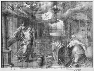 Leven van Christus, Annunciatie, voorbereidende studie van tapijtkarton voor de kerk Saint-Merri in Parijs, c.1585-90