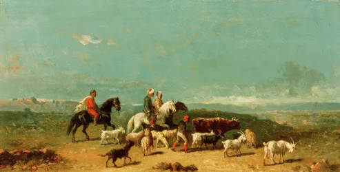 Arabische ruitergroep met een geitenhoeder in een uitgestrekt landschap