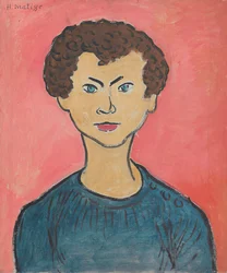 Portret met krullend haar, marineblauwe sweater