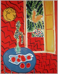 Rood interieur: Stilleven op een blauwe tafel