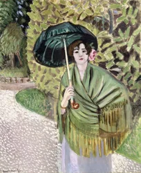 Vrouw met een groen zonnescherm