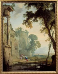 Landschap met een vrouw, een oude man en een kind in een landschap van Romeinse ruïnes met vijver
