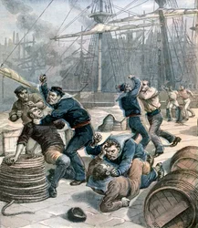 Ruzie tussen Engelse en Duitse zeelieden bij Millwall Docks, Londen, 1892