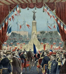 Felix Faure opent het monument ter ere van de honderdste verjaardag van de hereniging van Nice met Frankrijk in 1896 (Gravure)