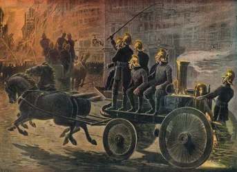 Brandweerlieden bij een brand in Londen in 1897 (Gravure)