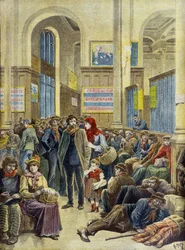 Italiaanse emigranten bij het Gare Saint Lazare in Parijs in 1896 (Gravure)