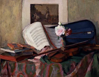 Stilleven met viool. Schilderij van Henri Ottmann (1877-1927) Privécollectie.
