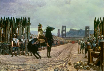 De Gallische leider Vercingetorix (72-46 v.Chr.) geeft zich na de Slag bij Alesia in 52 v.Chr. over aan de Romeinse veldheer Julius Caesar (100-44 v.Chr.). Henri Motte (1846-1922), 1886 - Le Puy-en-Velay, Musée Crozatier - De Gallische leider