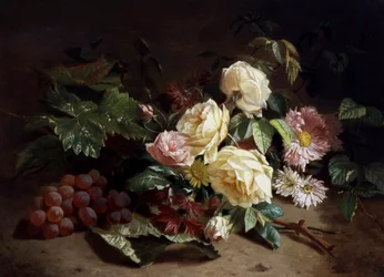 Stilleven van zomerbloemen en druiven. Schilderij van Henri Robbe (1807-1899) Privécollectie.