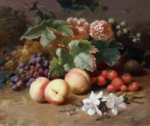 Stilleven van bloemen en fruit. Schilderij van Henri Robbe (1807-1899) Privécollectie.