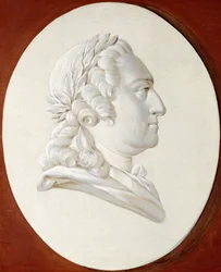 Portret van Koning Lodewijk XV, borstbeeld, in een geschilderd ovaal, een Trompe l