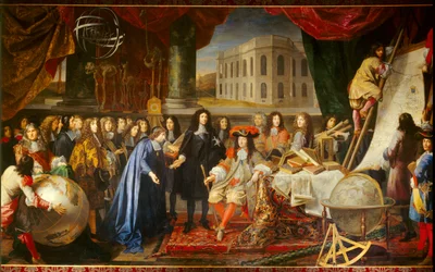 Colbert stelt de leden van de Koninklijke Academie van Wetenschappen voor aan Lodewijk XIV in 1667