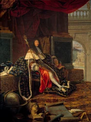 Portret van Lodewijk XIV (1638-1715), koning van Frankrijk, beschermheer van de Koninklijke Academie voor Schilderkunst en Beeldhouwkunst, met de scepter van Karel V, genaamd Karel de Grote