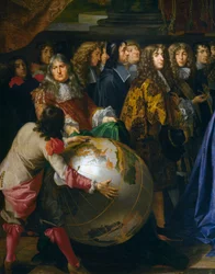Terrestrische globe, detail van Jean-Baptiste Colbert presenteert leden van de Koninklijke Academie van Wetenschappen aan Lodewijk XIV in 1667