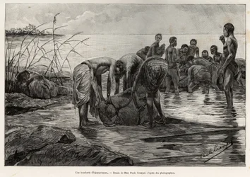 Een nijlpaardslagerij aan de oevers van een Centraal-Afrikaanse rivier. Gravure door Henri Thiriat ter illustratie van het verhaal 