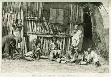 Abyssinische smeden. Gravure door Thiriat, naar een foto, ter illustratie van het verhaal Reis naar Choa (Zuid-Abyssinië).