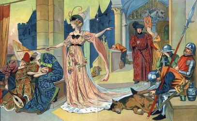De Fee betovert de bewoners van het kasteel met haar toverstok om hen net zo lang te laten slapen als de prinses. "Doornroosje", sprookje van Charles Perrault (1628-1703). Illustraties Henri Thiriet (1873-1946). Rond 1930